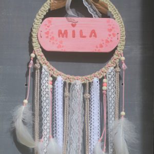 couronne prénom enfant, type dreamcatcher avec dentelles